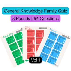 Ultimate General Knowledge Quiz for Families, Kids, Adults | Vol 1 | 64 Questions, 8 Categories | Printable Quiz | Family Quiz | Kids Quiz