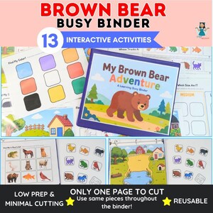 Puede incluir: Un archivador de actividades Brown Bear Busy Binder con 13 ejercicios interactivos. La portada muestra una ilustración de un oso pardo y el texto My Brown Bear Adventure. Incluye varias hojas de aprendizaje con gráficos coloridos y animales.