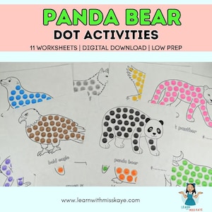 Könnte beinhalten: Ausdruckbare Arbeitsblätter mit Punktaktivitäten, die Tiere wie einen Panda, einen Weißkopfseeadler und einen Panther zeigen. Der Titel "PANDA BEAR DOT ACTIVITIES" ist in Grün und Schwarz gehalten. Die Website-Adresse www.learnwithmisskaye.com wird angezeigt.