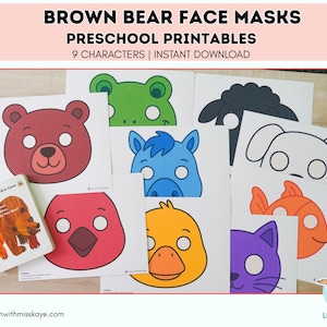 May include: A collection of colorful preschool printable face masks featuring various animal characters, including a brown bear, frog, horse, duck, and cat. The text "BROWN BEAR FACE MASKS PRESCHOOL PRINTABLES 9 CHARACTERS | INSTANT DOWNLOAD" is displayed at the top.