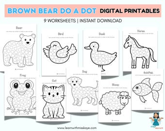 Brown Bear Brown Bear What Do You See Activities | Dab a Dot Worksheets | Printable Sticker Dot Marker|Fine Motor for Toddlers and Preschool