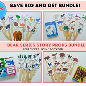 Puede incluir: Un conjunto de accesorios de cuentos con ilustraciones de animales en palitos de madera y portadas de libros. La imagen incluye el texto "SAVE BIG AND GET BUNDLE!" y "BEAR SERIES STORY PROPS BUNDLE". El precio es de 11,99€, rebajado de 17€.