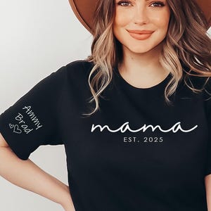 Custom Mama Shirt with Kid Name on Sleeve,Personalized Mom Shirt, Mothers Day,Pregnancy Announcement, Mama Gift, New Mom Gift,Gift for mom,