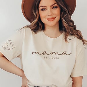 Custom Mama Shirt with Kid Name on Sleeve,Personalized Mom Shirt, Mothers Day,Pregnancy Announcement, Mama Gift, New Mom Gift,Gift for mom,