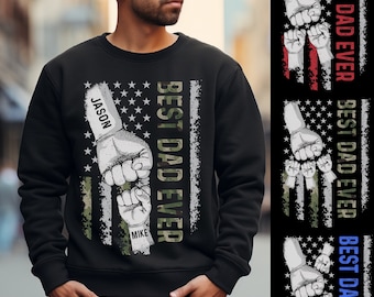 Personalized Dad Raised Fist Bump Sweatshirt, Best Dad Ever American Flag Sweater, Papa Sweater, Best Grandpa Ever Sweater, Fathers Day Gift