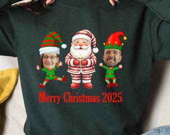 Custom Face Weihnachtself und Santa Sweatshirt: Personalisiertes Familienfoto, Weihnachtsgeschenk