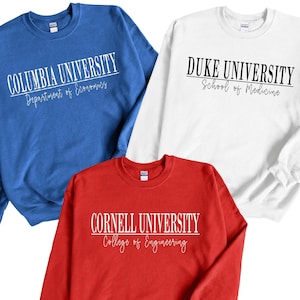 Könnte beinhalten: Drei Sweatshirts mit verschiedenen Universitätslogos. Das erste Sweatshirt ist blau mit dem Text "COLUMBIA UNIVERSITY Department of Economics". Das zweite Sweatshirt ist weiß mit dem Text "DUKE UNIVERSITY School of Medicine". Das dritte Sweatshirt ist rot mit dem Text "CORNELL UNIVERSITY College of Engineering".