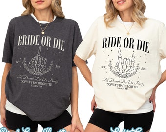 Shirt vrijgezellenfeest Bride or Die: gotische skeletbruid, Halloween-gunst
