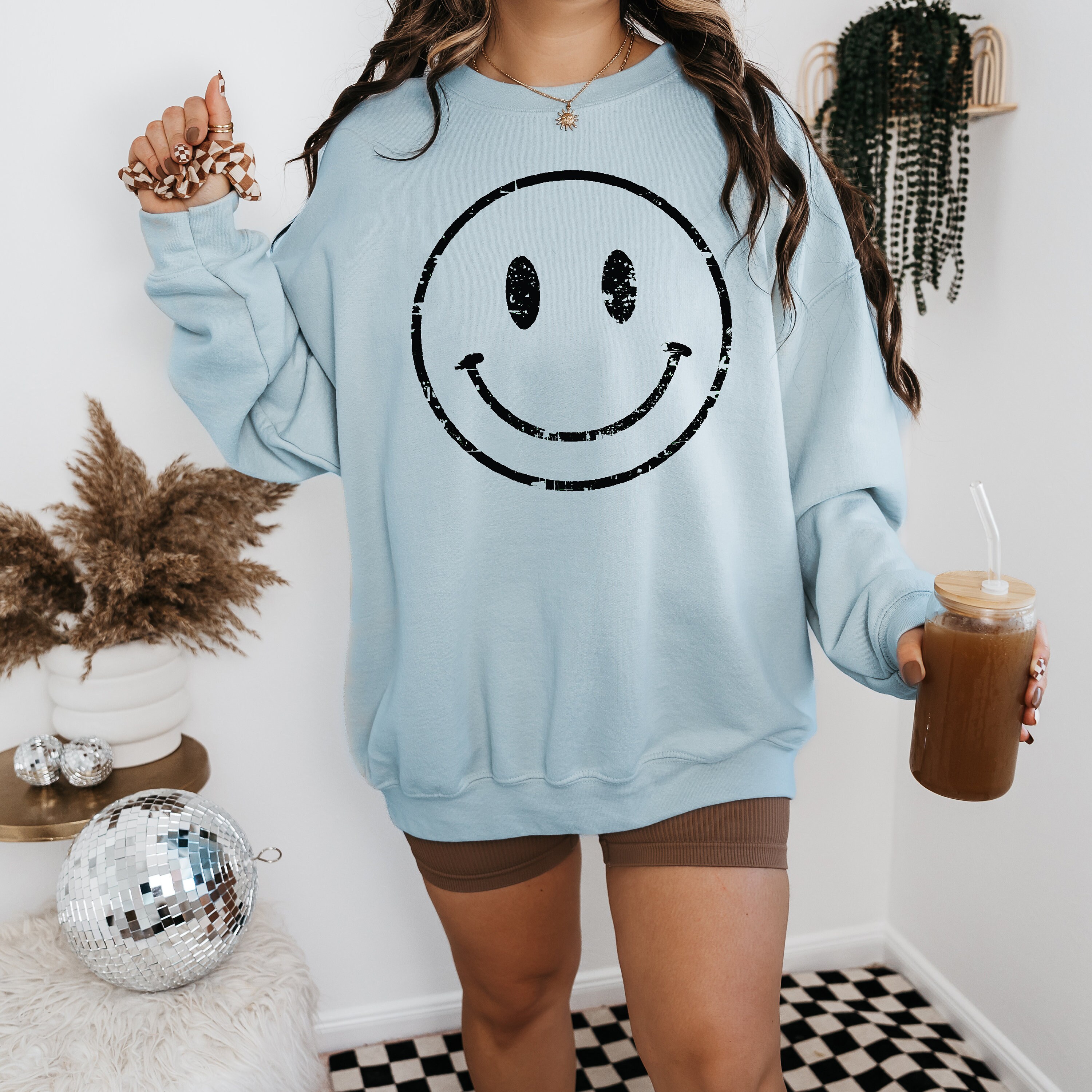 Distressed Smile Face Hoodie, Smile Face Sweatshirt for