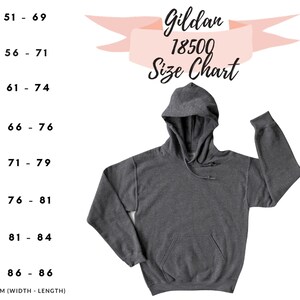 以下が含まれることがあります： Gildan 18500 パーカーのサイズチャート。チャートは、S から 5XL までのサイズについて、幅と長さをセンチメートルで示しています。