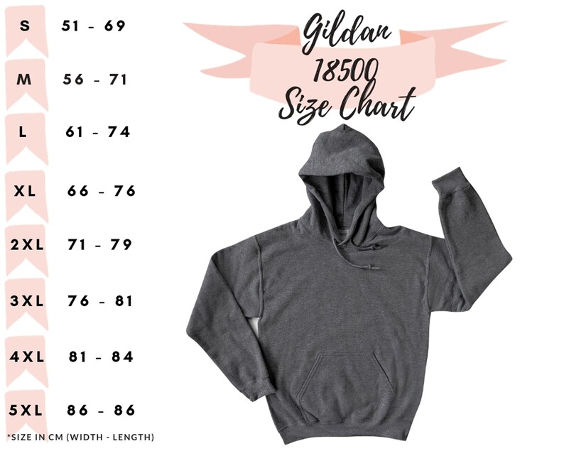 以下が含まれることがあります： Gildan 18500 パーカーのサイズチャート。チャートは、S から 5XL までのサイズについて、幅と長さをセンチメートルで示しています。