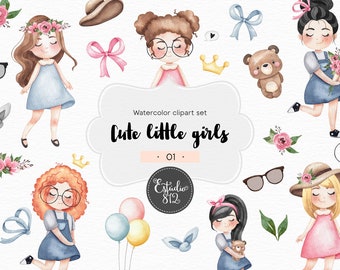 Schattige meisjes clipart, planner meisje aquarel digitale clipart - kleur 1