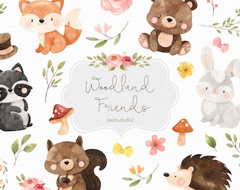Woodland Friends Nursery Clipart, Woodland Animals Watercolor Digital Clipart, Forest Animals