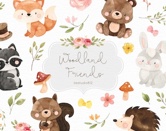 Woodland Nursery Clipart, Woodland Animals Watercolor Digital Clipart, Forest Animals