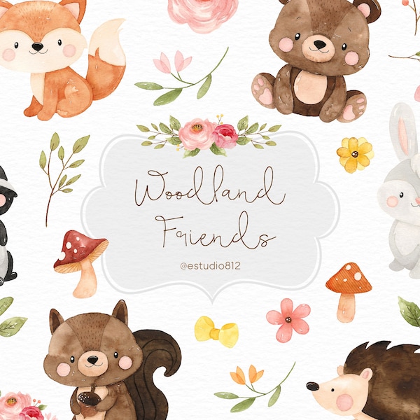 Woodland Nursery Clipart, Woodland Animals Watercolor Digital Clipart, Forest Animals