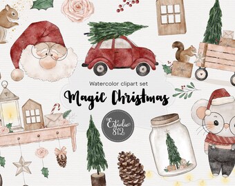 Christmas watercolor Clipart, Santa watercolor graphics, Winter Holidays Watercolor png,