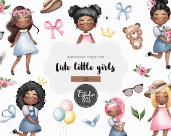 Schattige meisjes clipart, planner meisje aquarel digitale clipart - kleur 3