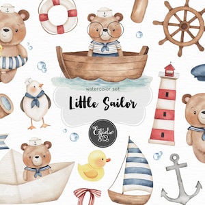 May include: Watercolour illustration set featuring a cute brown bear dressed as a sailor with a blue and white striped shirt and a sailor hat. The set includes a variety of nautical elements, such as a life preserver, a boat, a lighthouse, a seagull, a rubber ducky, a sailboat, an anchor, and a telescope.