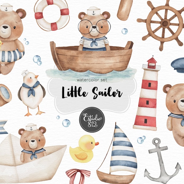 Paquete de imágenes prediseñadas de acuarela Little Sailor: oso, marinero, pato, barco, velero- Descarga digital para Scrapbooking y decoraciones de fiesta