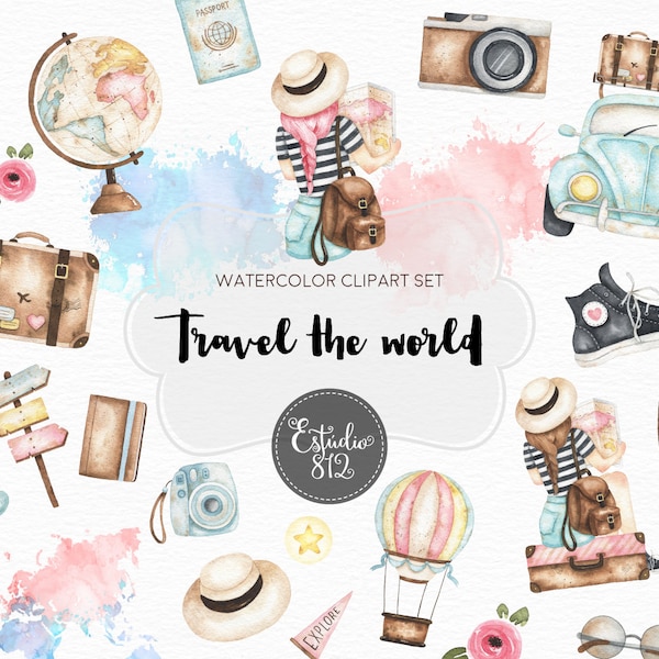 Travel the world Clipart girls plane bags Clip Art Digital Download