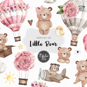 little bear,Aviator bear, traveler, trip, balloon, plane, parachute, sky, cloud, water color, teddy bear, flying, Watercolor Clipart Bundle.