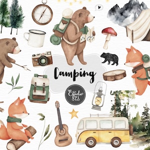 Ilustração de acampamento fofa urso camping animais aquarela digital clipart, selvagem, mochila de raposa