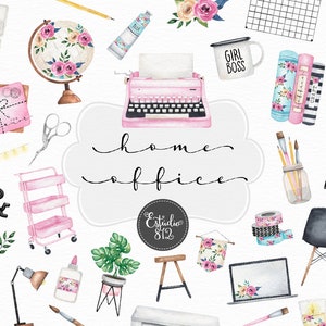 May include: A watercolour illustration set of home office supplies, including a pink typewriter, a globe, a mug that says "Girl Boss", a laptop, a potted plant, a desk lamp, a chair, a bookshelf, a pencil, a paintbrush, a stapler, a tape dispenser, a notebook, a calendar, a pair of scissors, a ruler, a glue stick, a string of lights, a pink rolling cart, and a sign that says "home office".