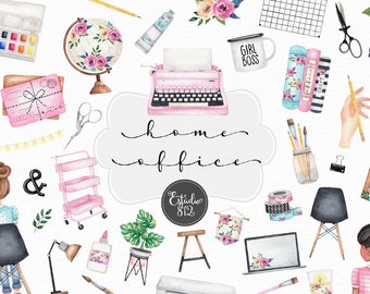 Clipart per ufficio domestico, clipart digitale ad acquerello per ragazza con agenda, set di clipart per agenda