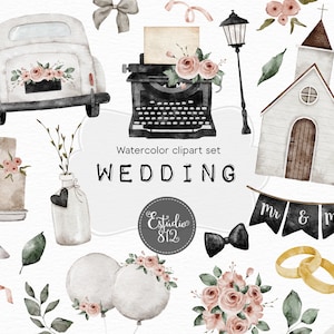 Clipart numérique mariage, église, mariés, garçons d'honneur, bouquet de fleurs, bagues