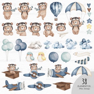 Aviator bear, traveler bear, trip, balloon, plane, parachute, sky, cloud, water color, teddy bear, flying, Watercolor Clipart Bundle. image 3