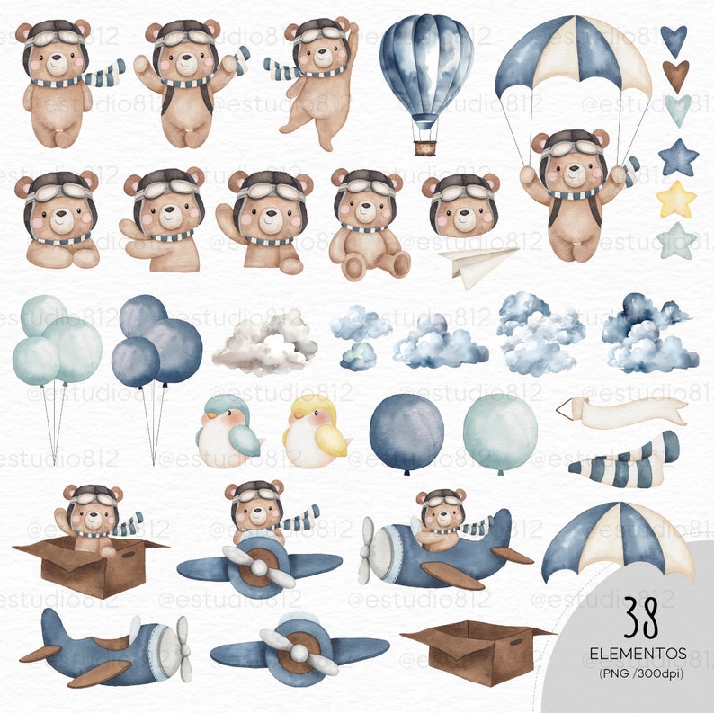 Aviator bear, traveler bear, trip, balloon, plane, parachute, sky, cloud, water color, teddy bear, flying, Watercolor Clipart Bundle. image 3