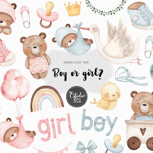 Paquete de imágenes prediseñadas de niño o niña: Fiesta de revelación de género, osito de peluche, pájaro, cigüeña - Descarga digital para scrapbooking y decoración de fiestas