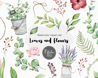 Leaves and Flowers, Clipart, Digital download, Illustration, Printable, watercolor, Decor