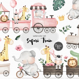 Paquete de imágenes prediseñadas de acuarela de tren rosa Safari: Elefante, León, Tigre, Jirafa - Descarga digital para Scrapbooking y decoraciones de fiesta