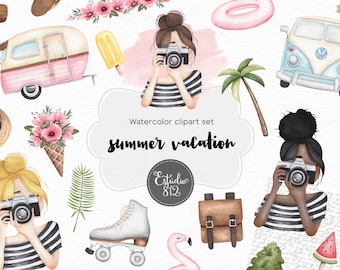 Zomervakantie clipart, planner meisje aquarel digitale clipart