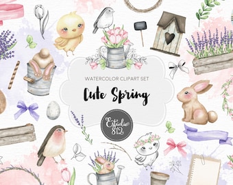 Cute Spring Easter Clipart bunny bird flower Clip Art Digital Download