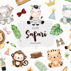 Paquete de imágenes prediseñadas de acuarela Safari: elefante, hipopótamo, león, tigre, jirafa - Descarga digital para álbumes de recortes y decoraciones de fiestas