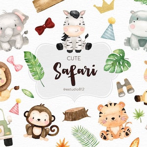 Safari aquarel clipartbundel: olifant, nijlpaard, leeuw, tijger, giraf - digitale download voor scrapbooking en feestdecoraties