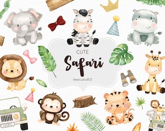 Pacchetto Clipart acquerello Safari: Elefante, Ippopotamo, Leone, Tigre, Giraffa - Download digitale per Scrapbooking e decorazioni per feste