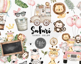 Lot de cliparts aquarelle safari : éléphant, hippopotame, lion, tigre, girafe - téléchargement numérique pour scrapbooking et décorations de fête