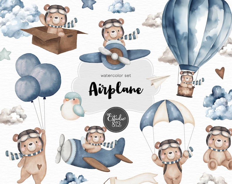 Aviator bear, traveler bear, trip, balloon, plane, parachute, sky, cloud, water color, teddy bear, flying, Watercolor Clipart Bundle. image 1