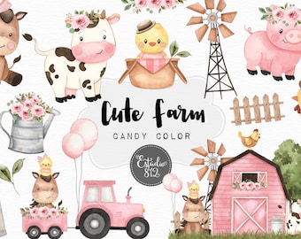Cute Farm Clipart, Farm Animals Watercolor Digital Clipart