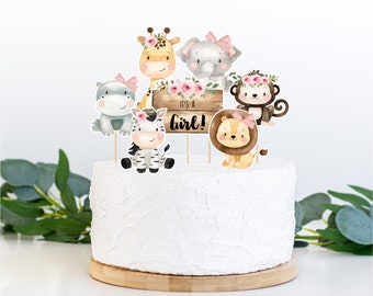 Top cake safari, giraffe, hippopotamus, zebra, lion, monkley, elephant