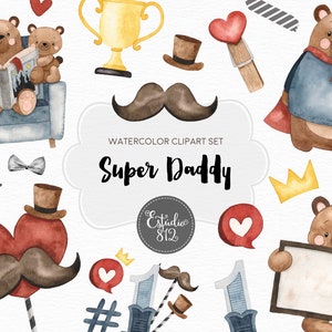Clipart super papai, clipart digital aquarela do dia dos pais, papai urso