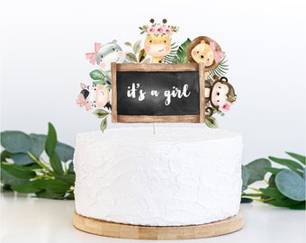 it's a girl top cake, digital product, safari top cake, safari, giraffe, hippopotamus, zebra, lion, monkley, elephant