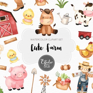 Cute Farm Clipart, Farm Animals Watercolor Digital Clipart, Farm Animals