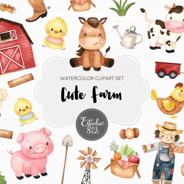 Cute Farm Clipart, Farm Animals Watercolor Digital Clipart, Farm Animals