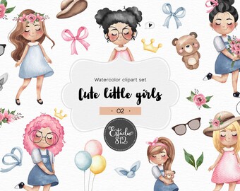 Schattige meisjes clipart, planner meisje aquarel digitale clipart - kleur 2