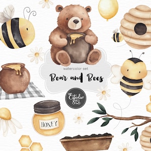 Beer en bijen aquarel clipart bundel: beer, bijen, honing, boom, bloem-digitale download voor scrapbooking en feestdecoraties