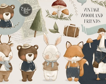 Animales del bosque vintage, imágenes prediseñadas del bosque, guardería del bosque, descarga digital de guardería